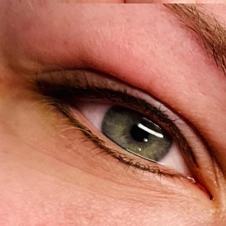 Close-up of a green eye with defined eyeliner and a small outer wing