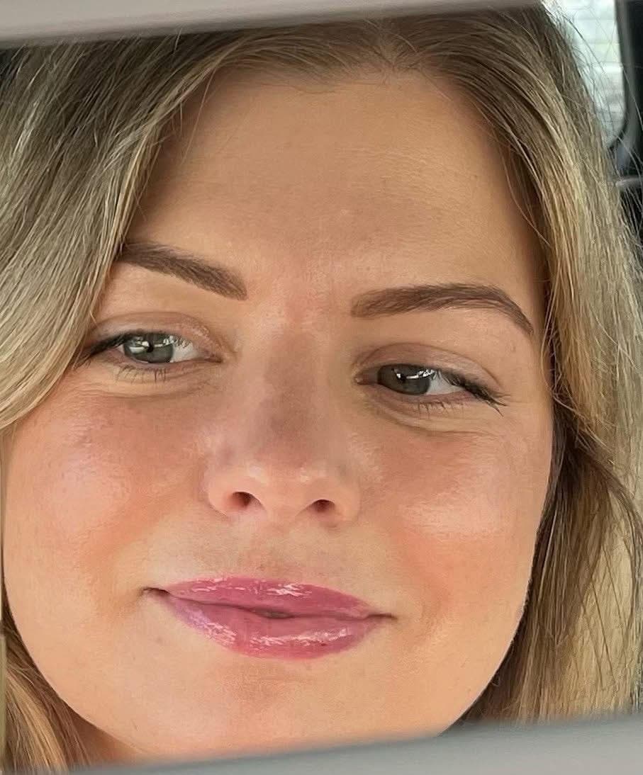 Client portrait showing glossy pink lip colour