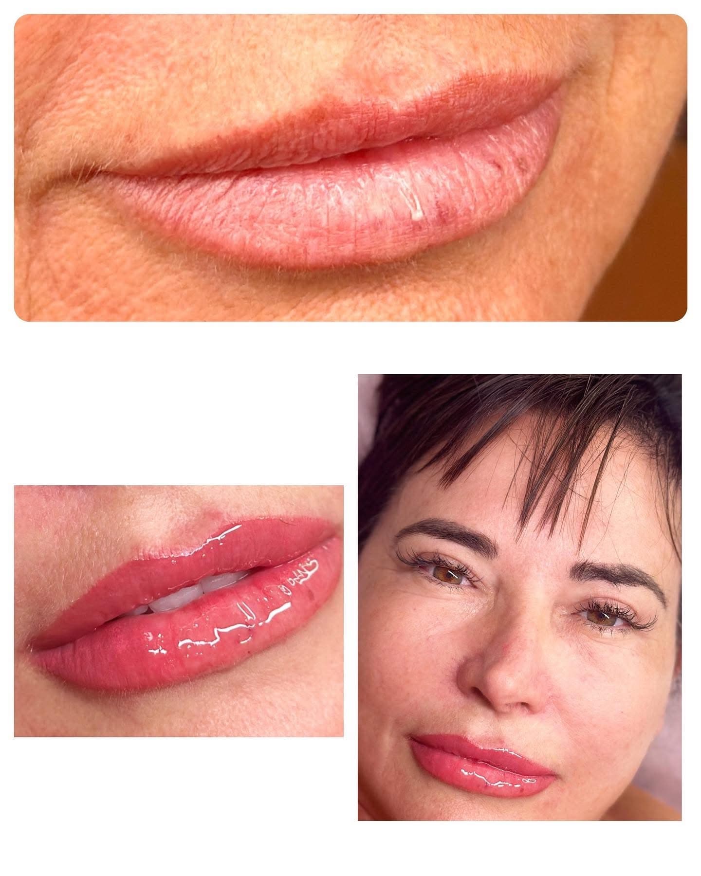 Lip blush collage showing close-up lip colour and a client portrait