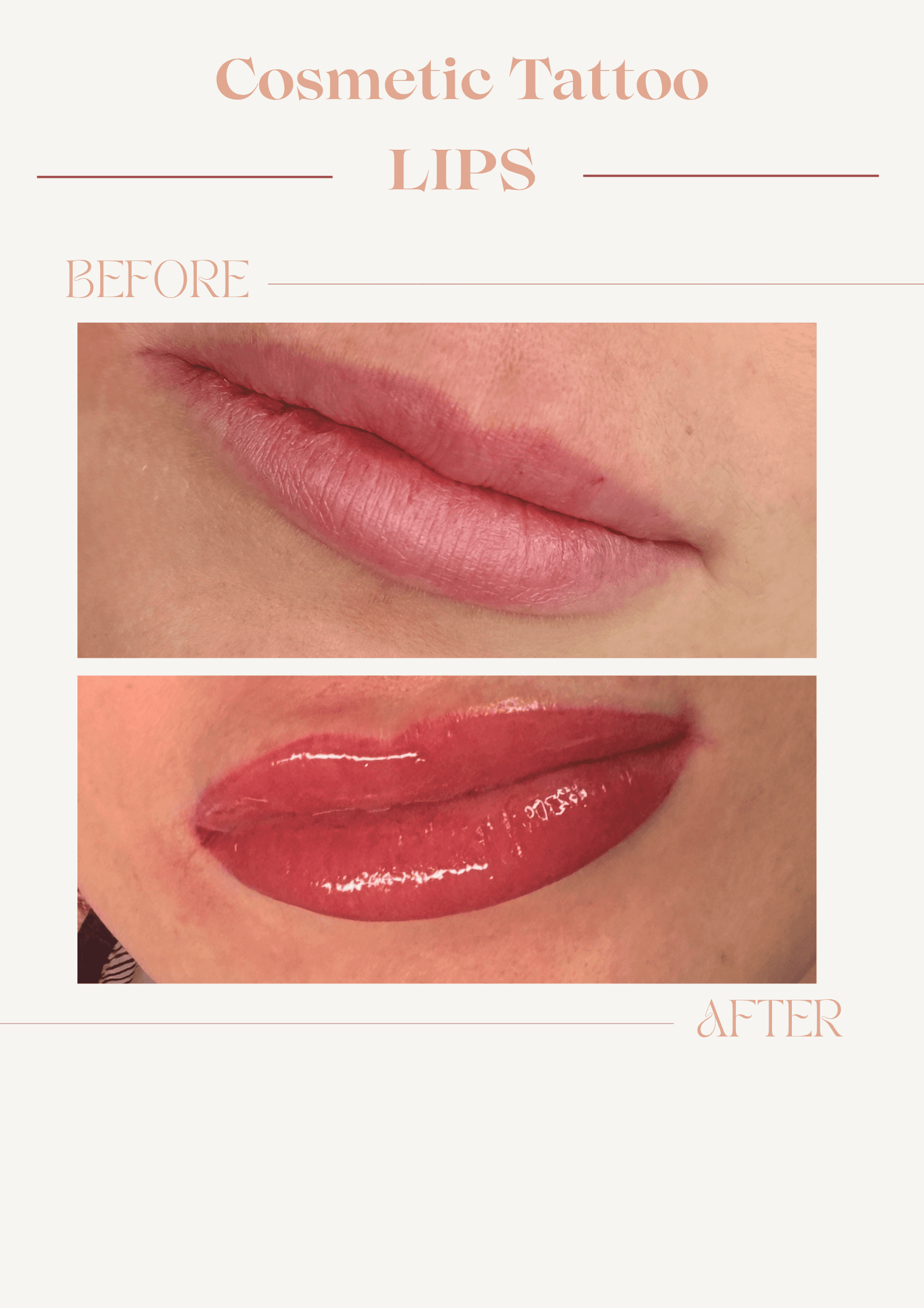 Lip tattoo comparison poster with photographs labelled Before and After