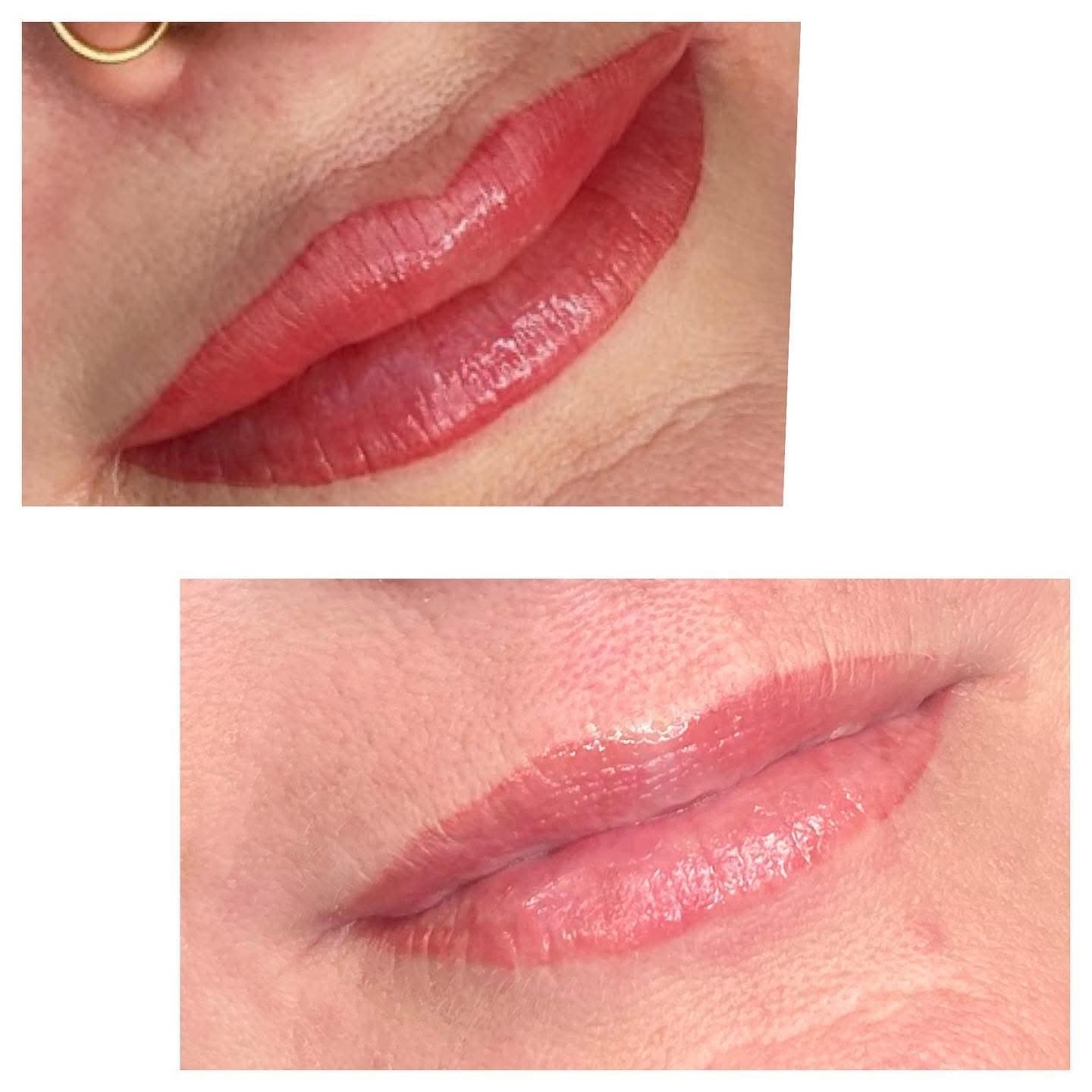 Two close-up views of pink lip colour and definition