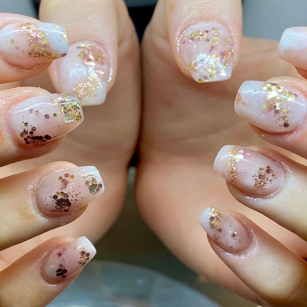 Milky white square nails with gold and pink confetti glitter